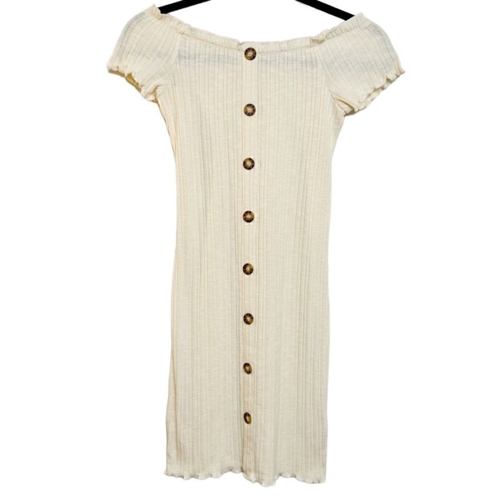 No Boundaries Ribbed Off The Shoulder Ruffle Mini Dress Cream Size Small